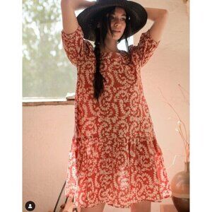 Matta Kenia Nandini Dress in Rust Ethnic Puff Sleeve Batik Cotton Mini XS /883